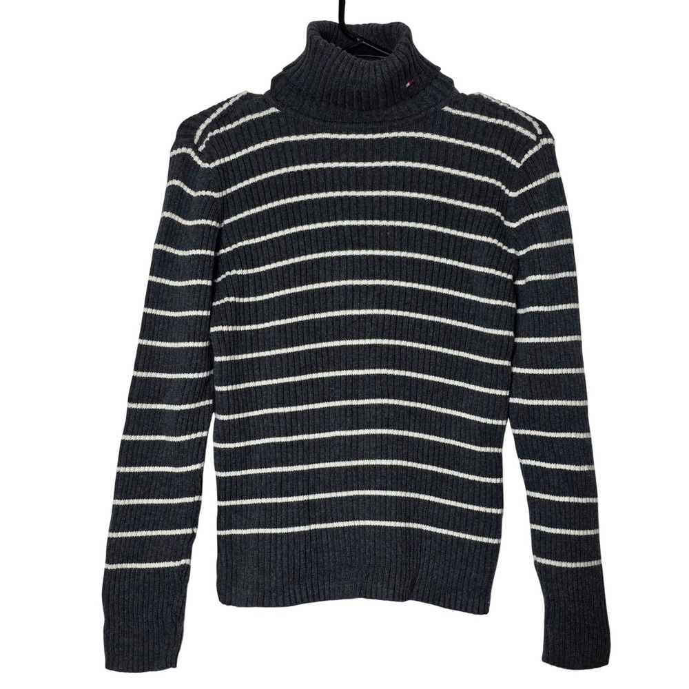 Tommy Hilfiger Jeans Striped Turtleneck Sweater XL Gray White Ribbed Knit Y2K